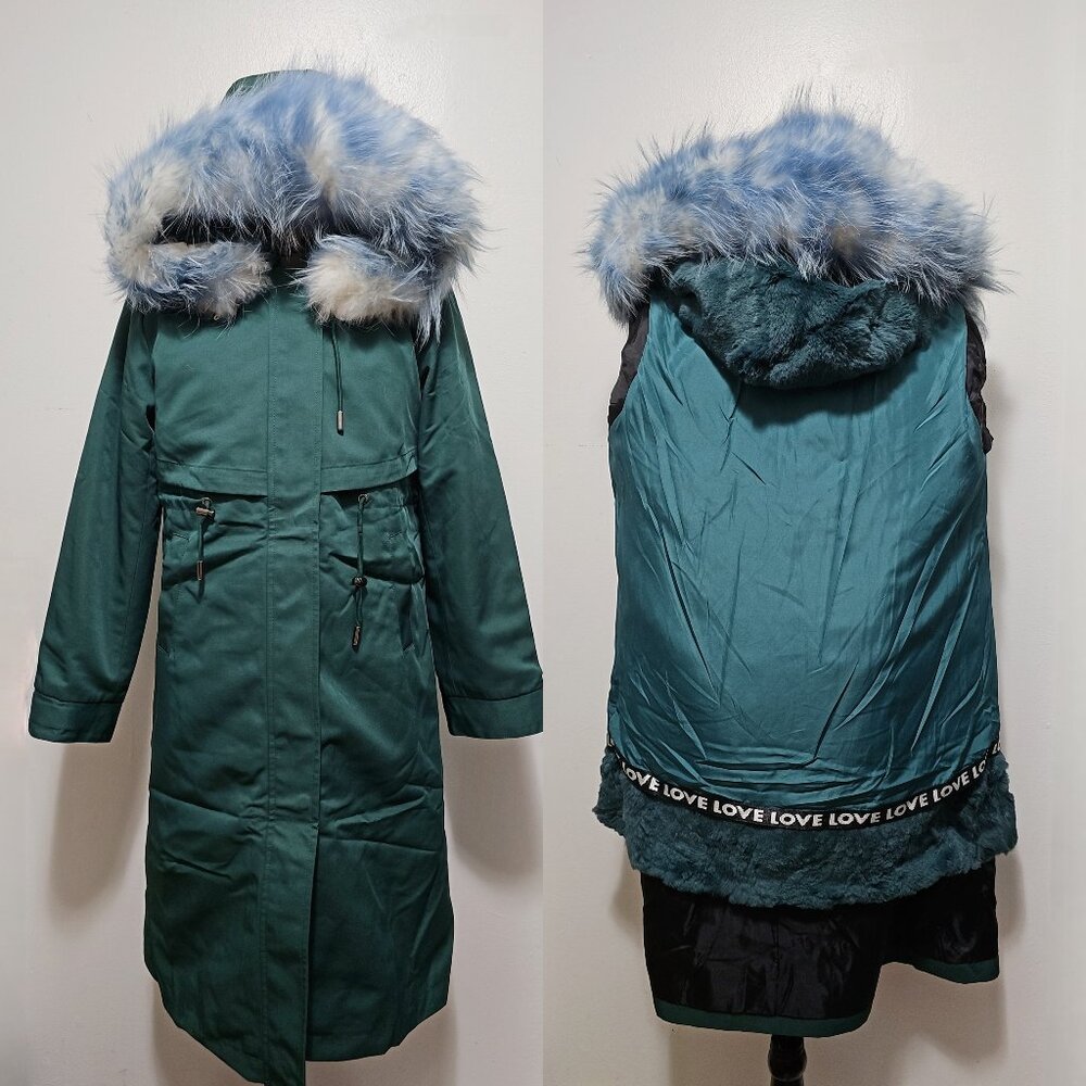 New Real Rex Rabbit Fur-Lined Parka Coat Fox Puffer Jacket Raccoon Green No Fox